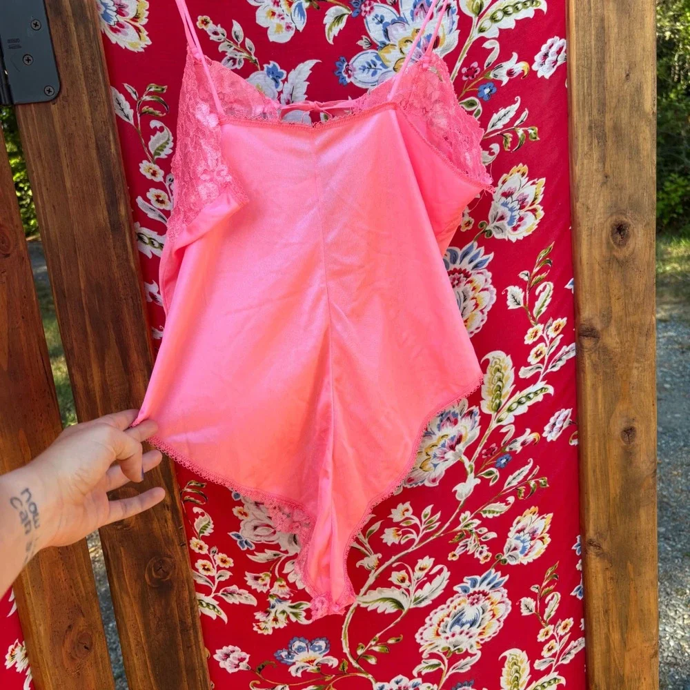 Vintage Pink Lace Tie Front High Waist Cheeky Teddy Bodysuit Lingerie Size M